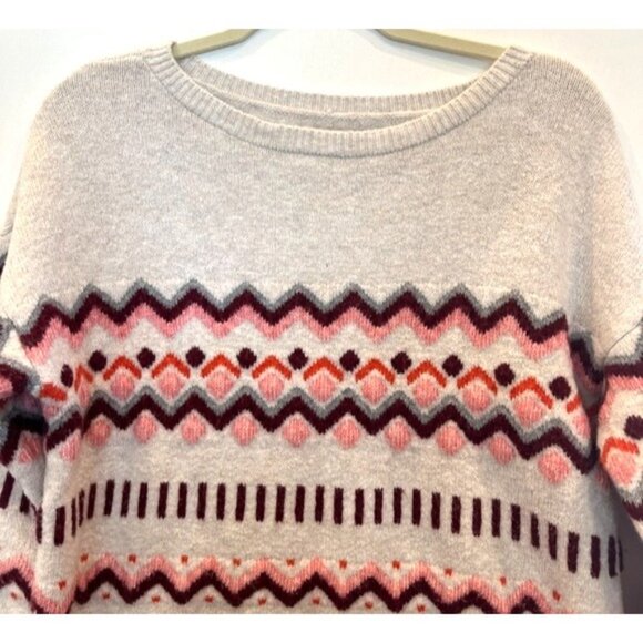 Loft Cream Pink Fair Isle Geometric Chunky Oversized Pullover Sweater Size Large - Picture 3 of 11